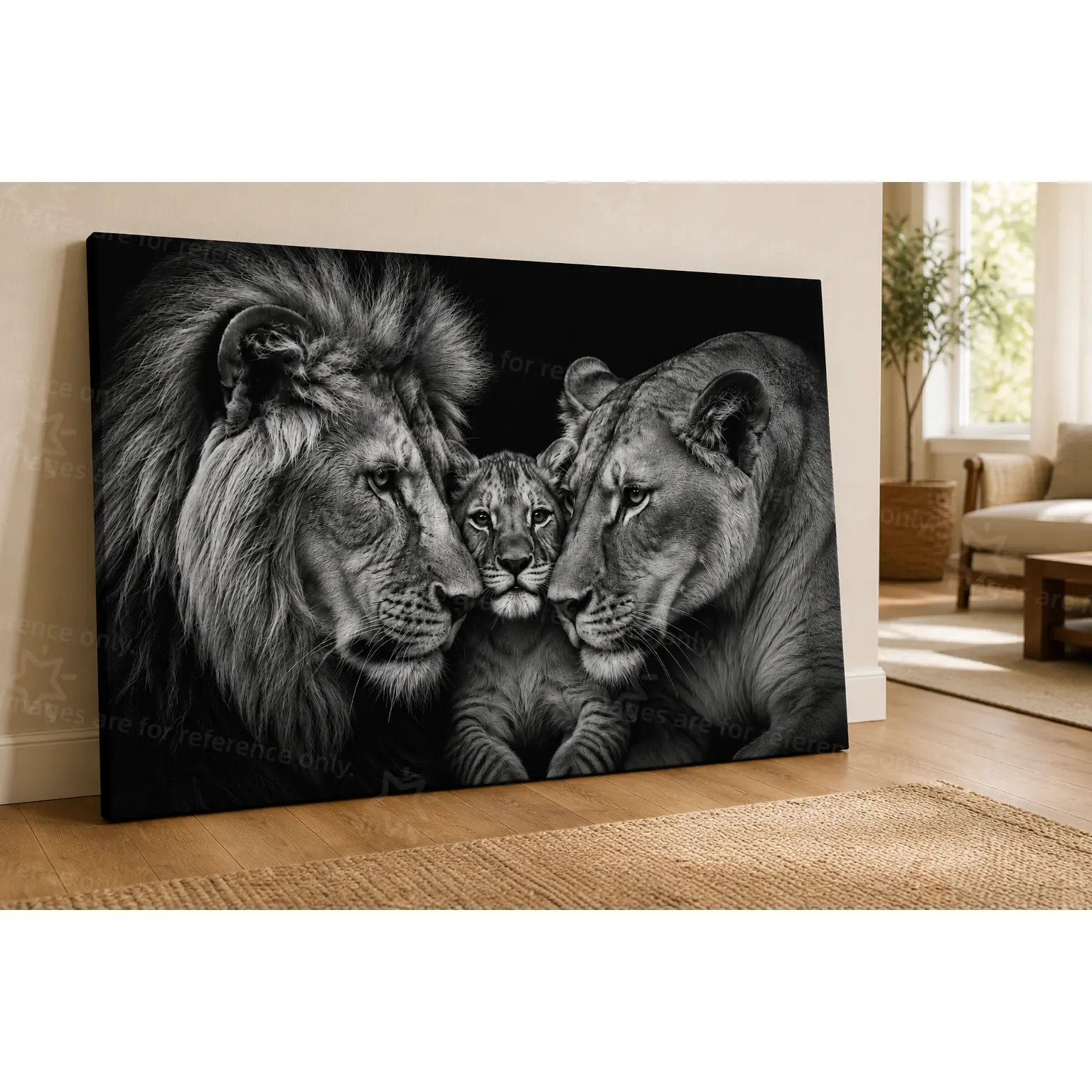 Black and White Lion Family Portrait Poster, Wildlife Wall Decor for Living Room, Bedroom, Nursery, Office and Modern Home