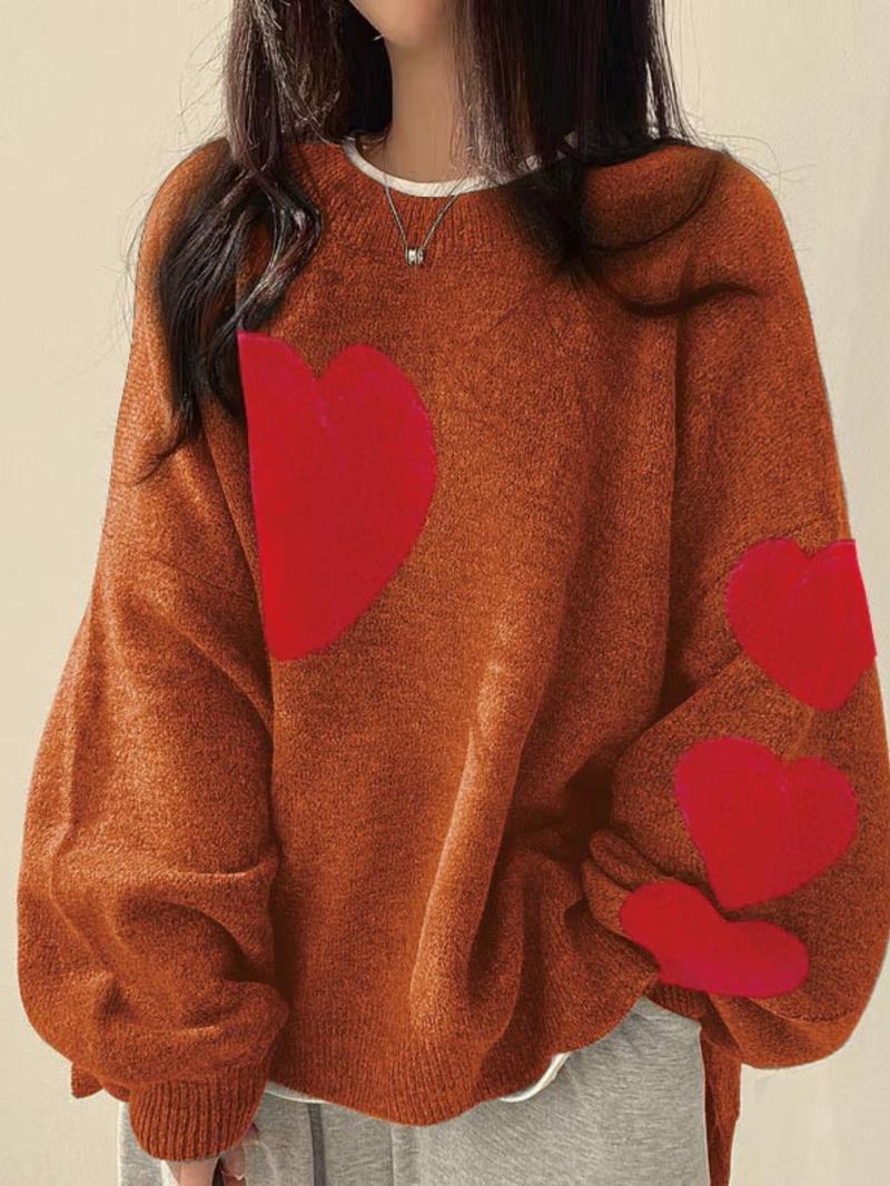 【Plus Size】 Colorblock Heart Pattern Crew Neck Sweater, Casual Long Sleeve Pullover Jumper for Daily Outdoor Wear, Women Plus Clothing for Fall & Winter