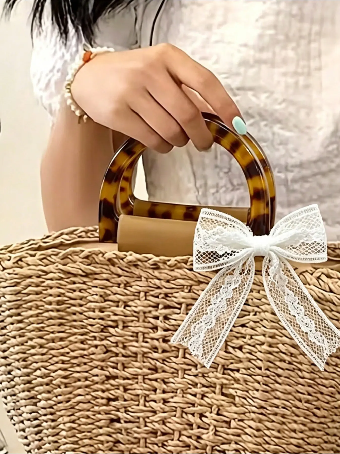Bag Handle Replacement with Lace Bow, D-Shaped Wallet Handle, DIY Bag Handles, Resin Handles for Beach Bags, Woven Crafts