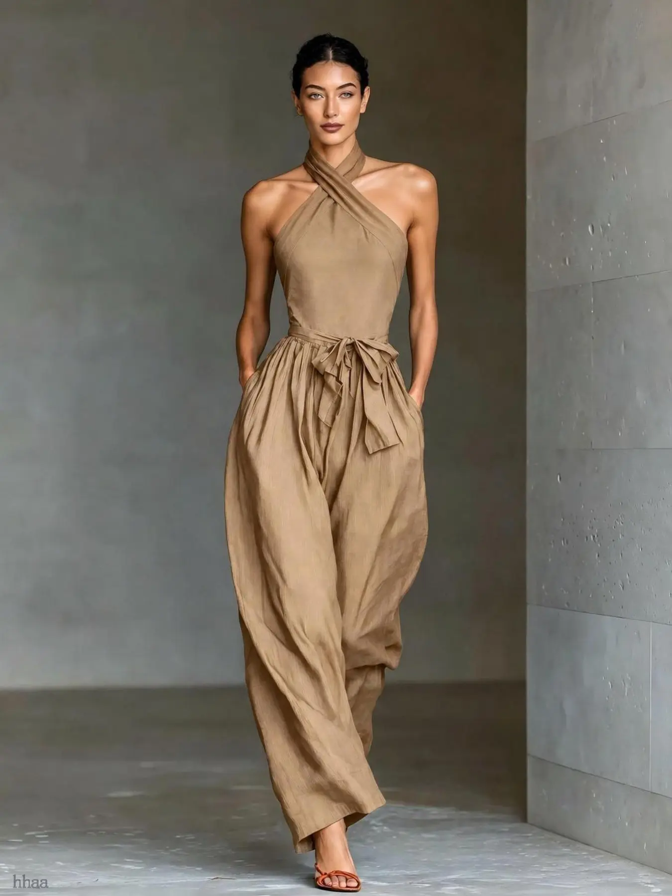 Women's Elegant Cross-Back Jumpsuit, Slim-Fit Wide-Leg Pants with Waist Belt, Side Pockets, Lightweight Breathable Home Wear, Vacation Sleepwear