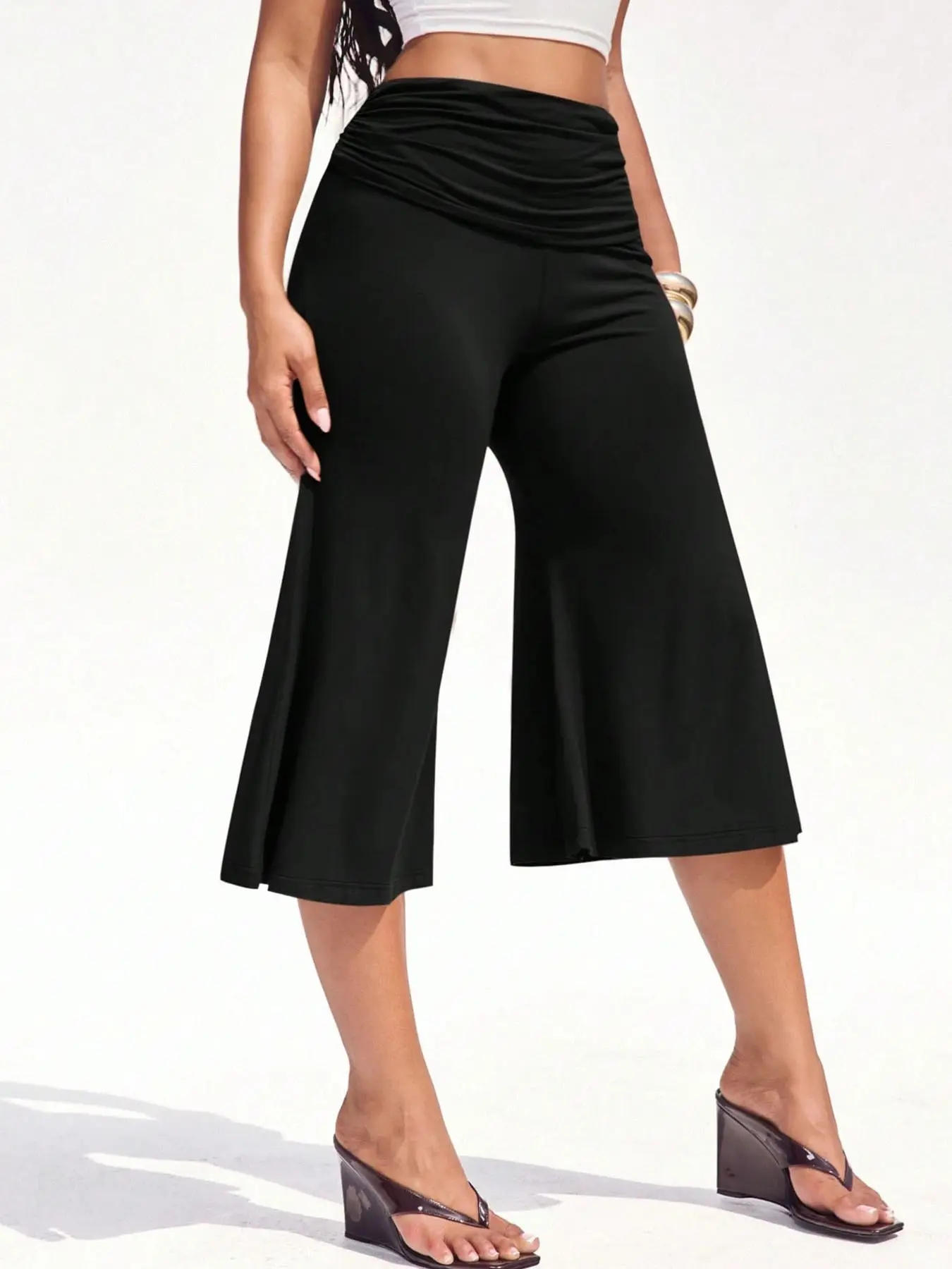 Women Solid Soft Stretch Fold Waist Cropped Flare Pants Bottom Wide Leg Capri Trousers For Summer Vacation City Stroll Outdoor Daily Outfit