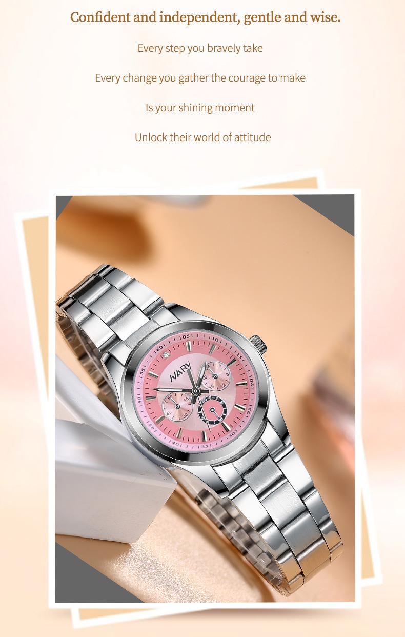 Women's Luxury Minimalist Chronograph Quartz Watch - Silver Stainless Steel Band, Pink Dial with 3 Sub-dials, Luminous Hands, Water Resistant, Elegant Casual Wristwatch, Perfect Gift for Her