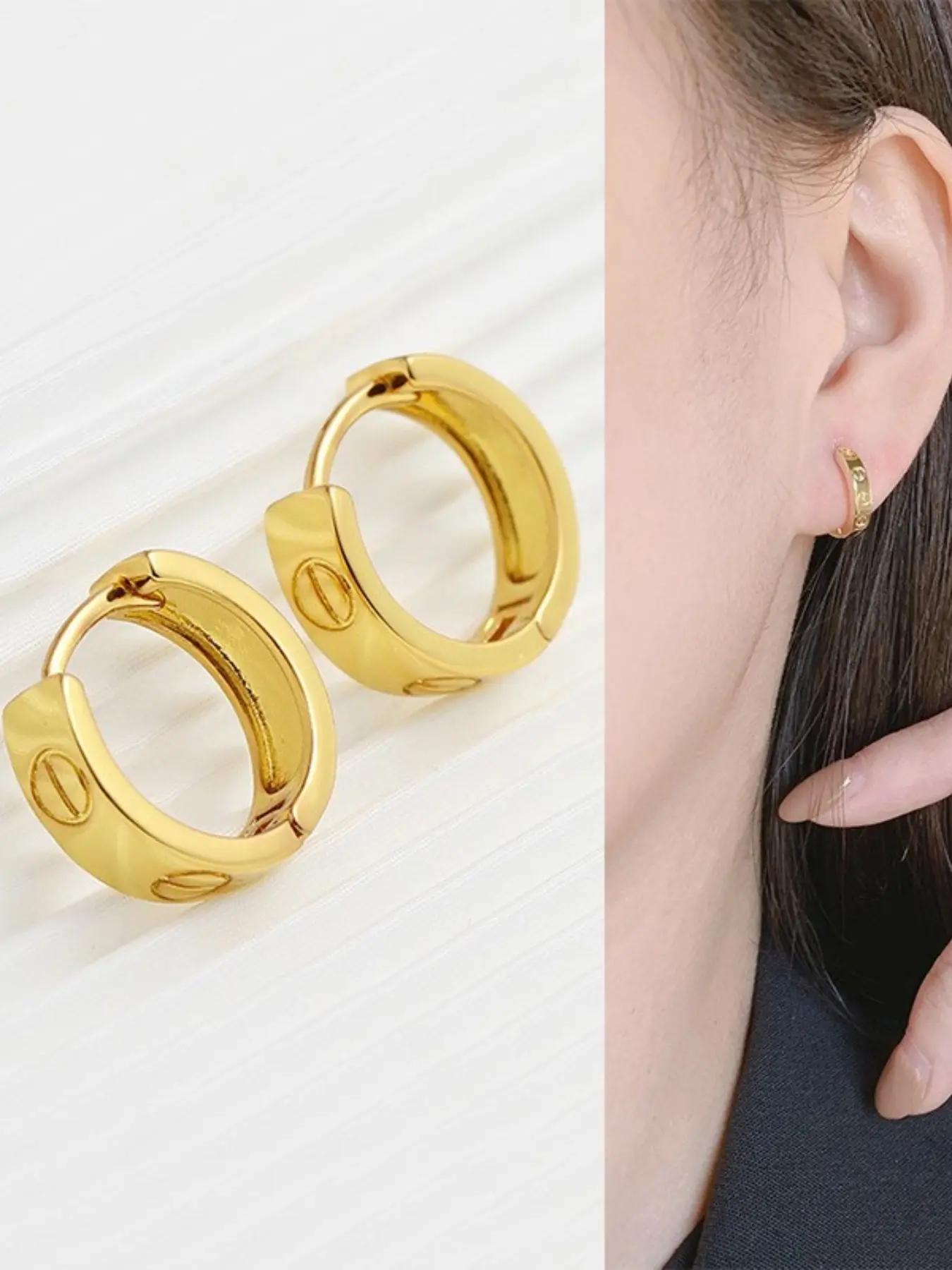 Vintage Rivet Pattern C-Shaped Earrings, Wide Face Screw Texture Hoop Ear Rings, Classic Luxury Clip-On Earrings, Commuter Versatile Jewelry