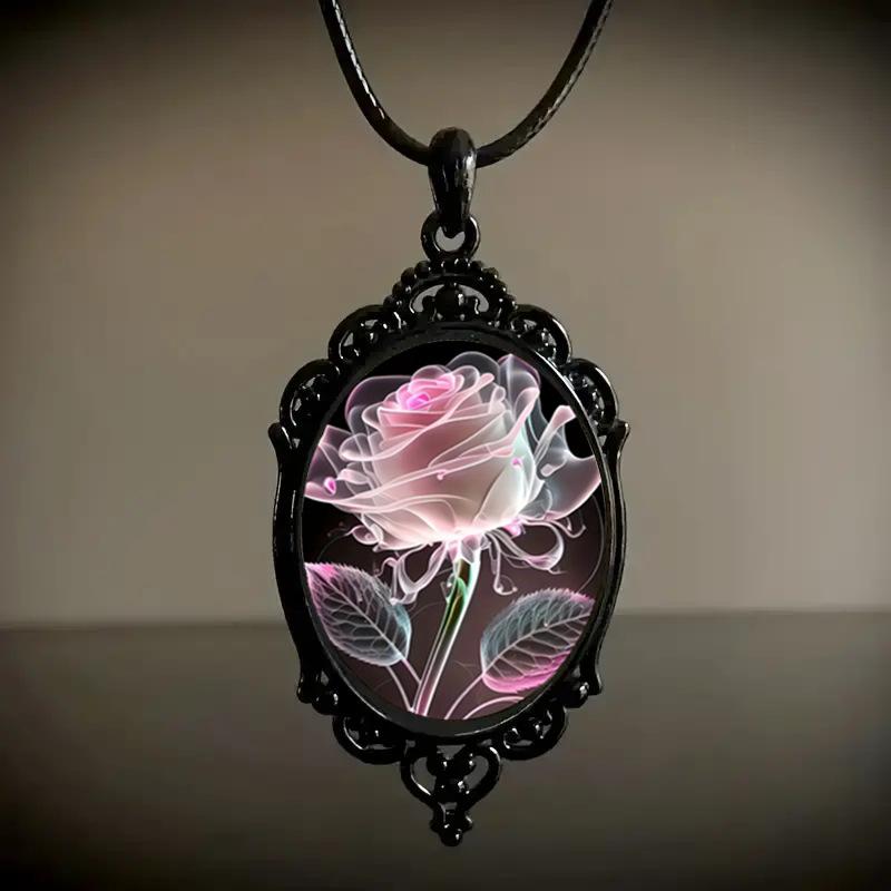 2026 New European and American Hot Selling Pink Transparent Petal Rose Pattern Glass Pendant Necklace for Women