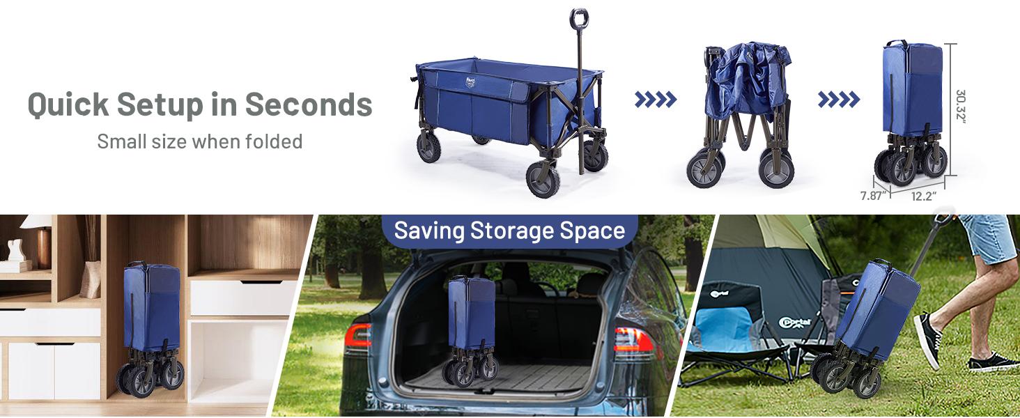 Tailgate Collapsible Folding Wagon Cart, Push Pull Beach Wagon Foldable, Grocery Cart with Side Pockets for Camping,, Shopping, Holds 225 lbs, Blue