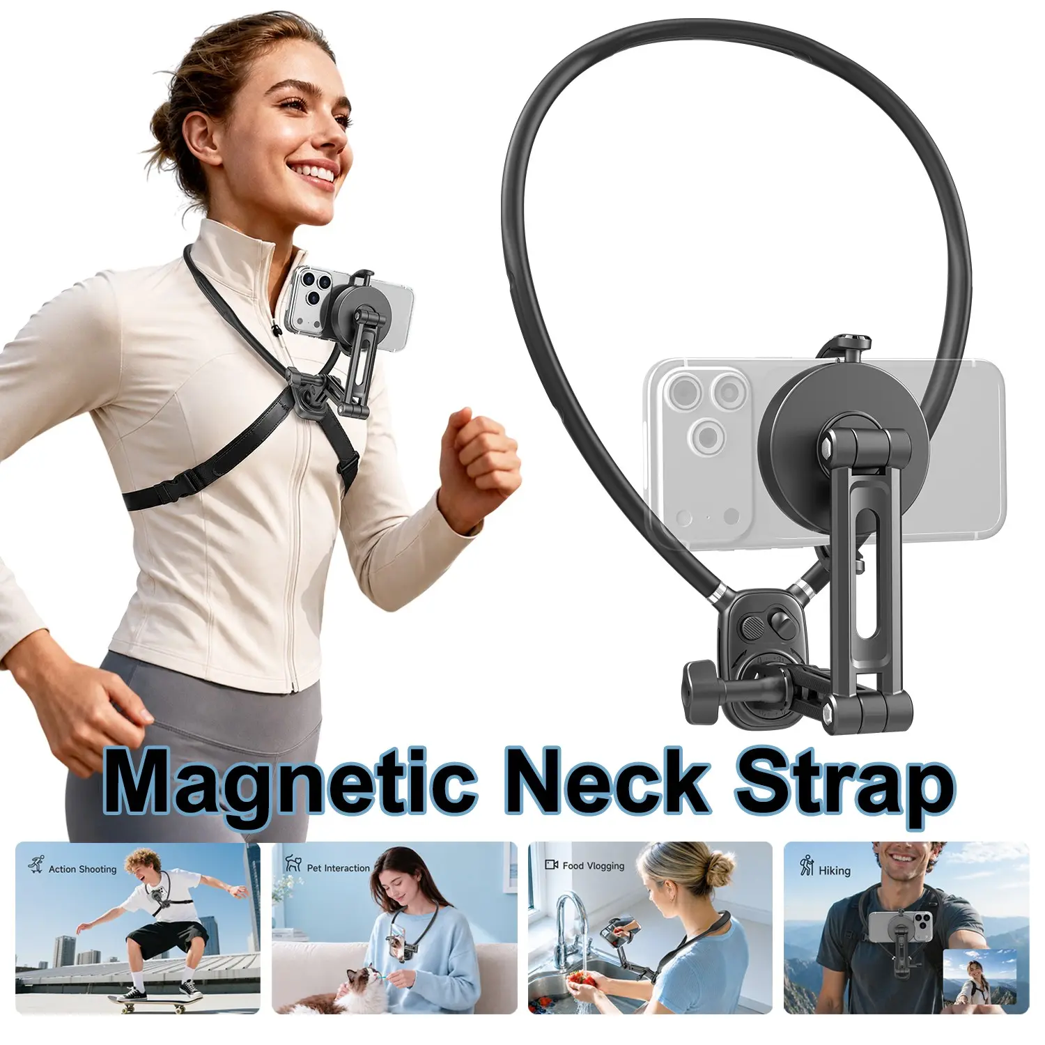 Magnetic Neck Strap Silicone Phone Holder, First Person View Chest Mount, Hands-Free Overhead Shot, Ideal for Vlogging, Fishing, Cycling