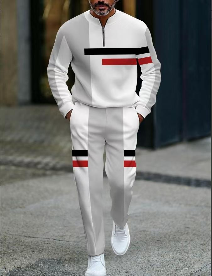 European and American two-piece men's white sports suit | Geometric stripe design, semi open collar | High quality polyester fiber fabric, wrinkle resistant and easy to maintain | Fitness trend, suitable for sports and leisure style Streetwear Track European and American two-piece men's white sports suit | Geometric stripe design, semi open collar | High quality polyester fiber fabric, wrinkle resistant and easy to maintain | Fitness trend, suitable for sports and leisure style Streetwear Track