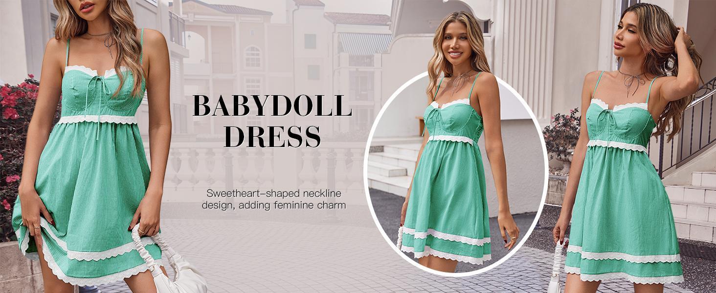 Imily Bela  Womens Cute Plaid A-line Summer Beach Dresses Spaghetti Straps Ruffle Hem Casual Mini Dress with Side Pocket