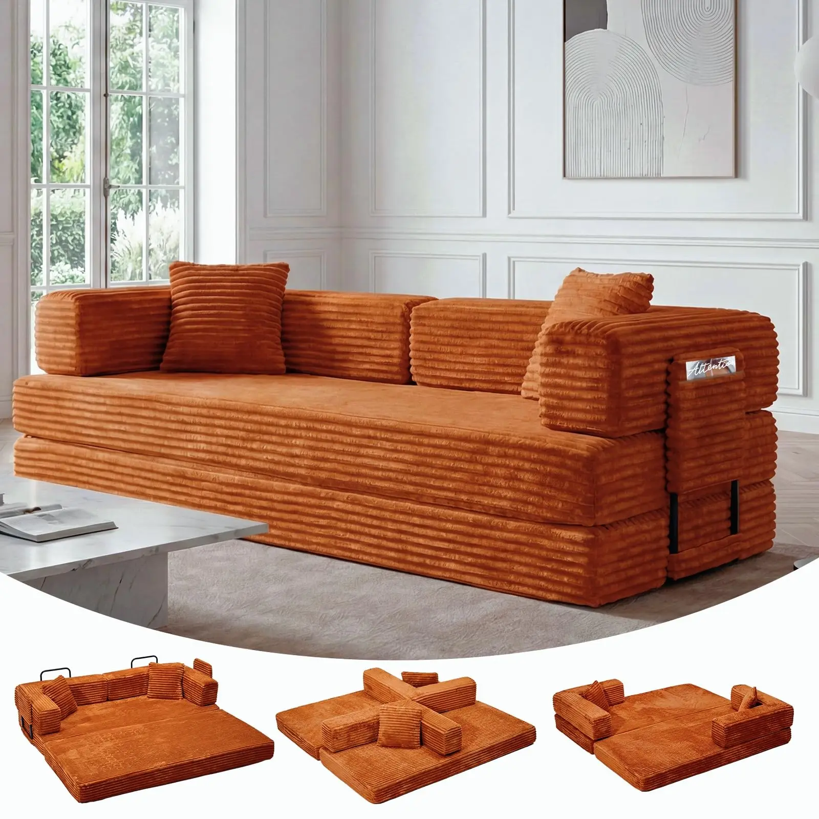 80.7" Sofa Bed, 5-in-1 Convertible Folding Corduroy Fabric Couch Sofa Bed w/ Storage Pocket, 4 Fixed-Shape Frame & 2 Pillows for Living Room, Bedroom, Apartment & Dorm – No Assembly Required