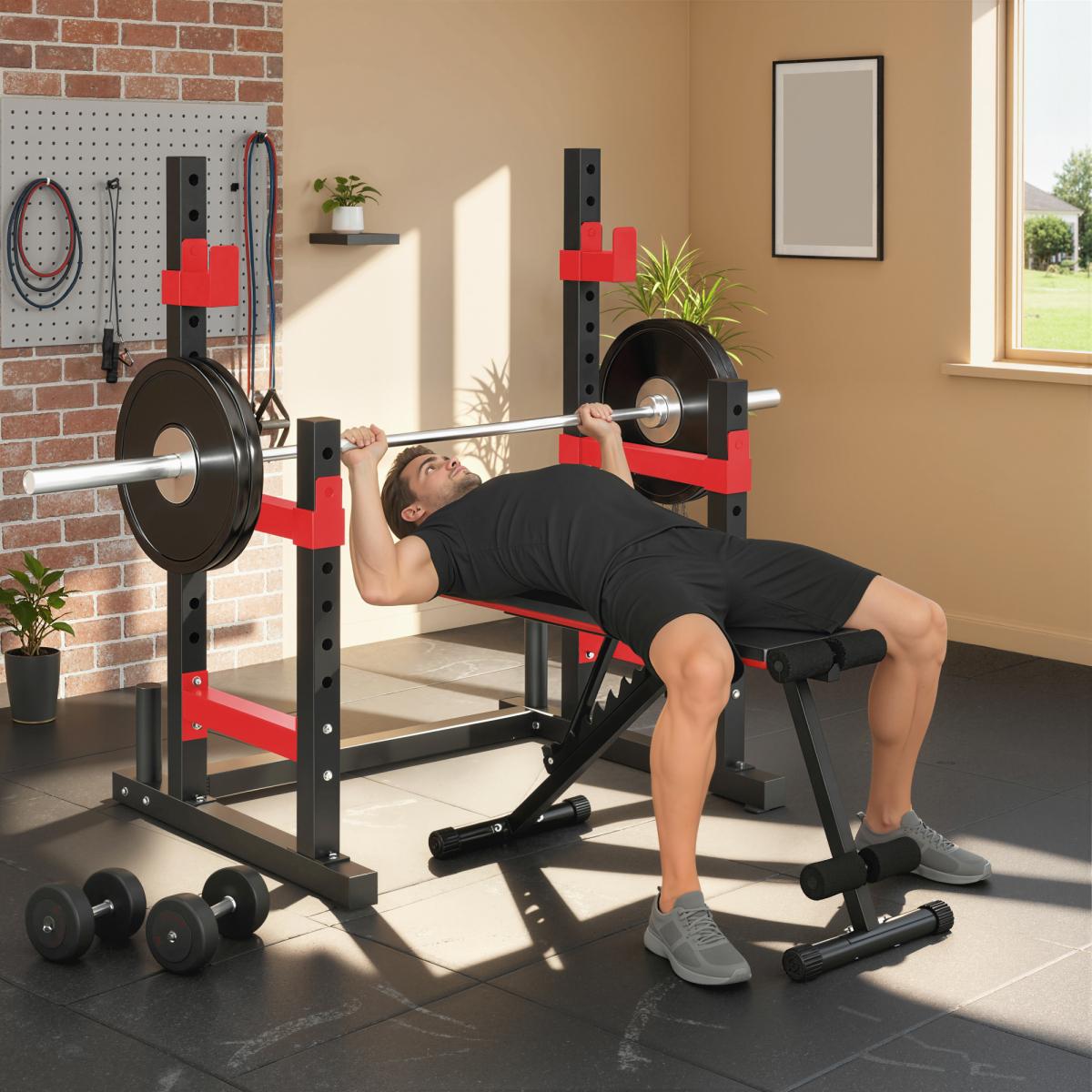 [Fahuac] Soozier Adjustable Squat Rack 660lbs Heavy Duty Bench Press Rack with Weight Plate Holders, 2-Tier Barbell Stand for Weight Lifting and Home Gym Strength Training, Height Adjustable,Red