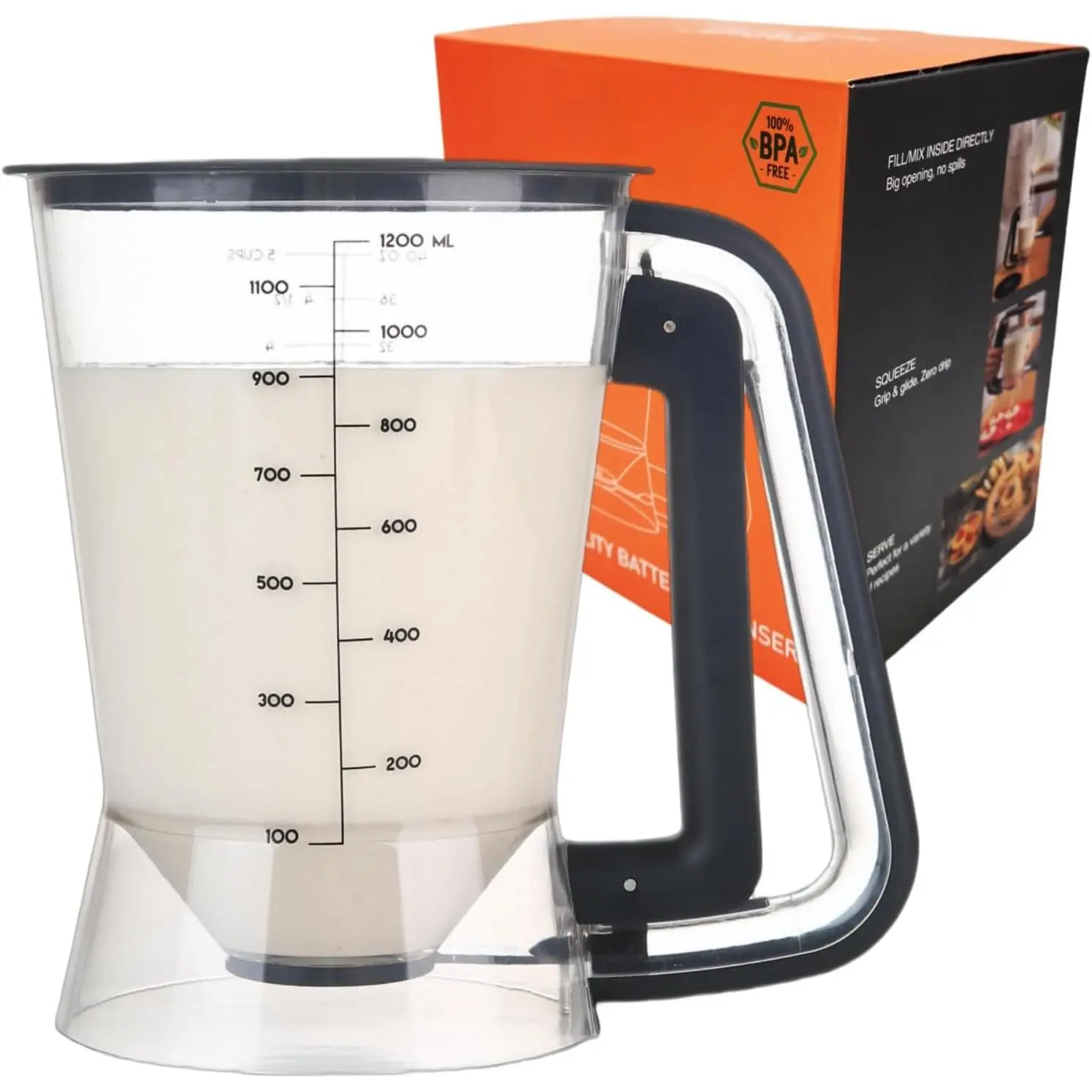 Pancake Batter Dispenser 5 Cup with Sturdy Handle,Batter Separator for Pancakes, Cupcake, Waffle, Muffin Mix, Cake & Crepe Batter pitcher with Squeeze Handle Baking Tools-Black