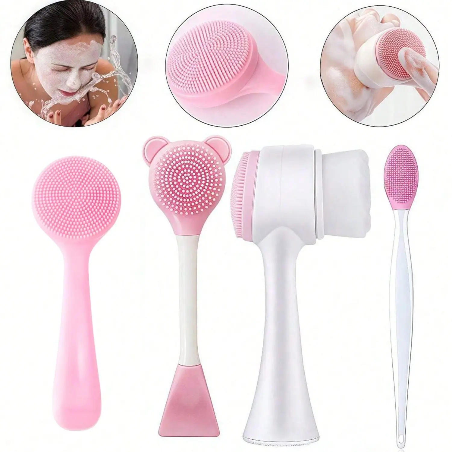 Multifunctional Silicone Face Brush Set (4 Pieces), Dual-Head Exfoliating Brush, Reusable Facial Cleanser, Deep Cleaning & Massage Tool, Face Cleansing Brush