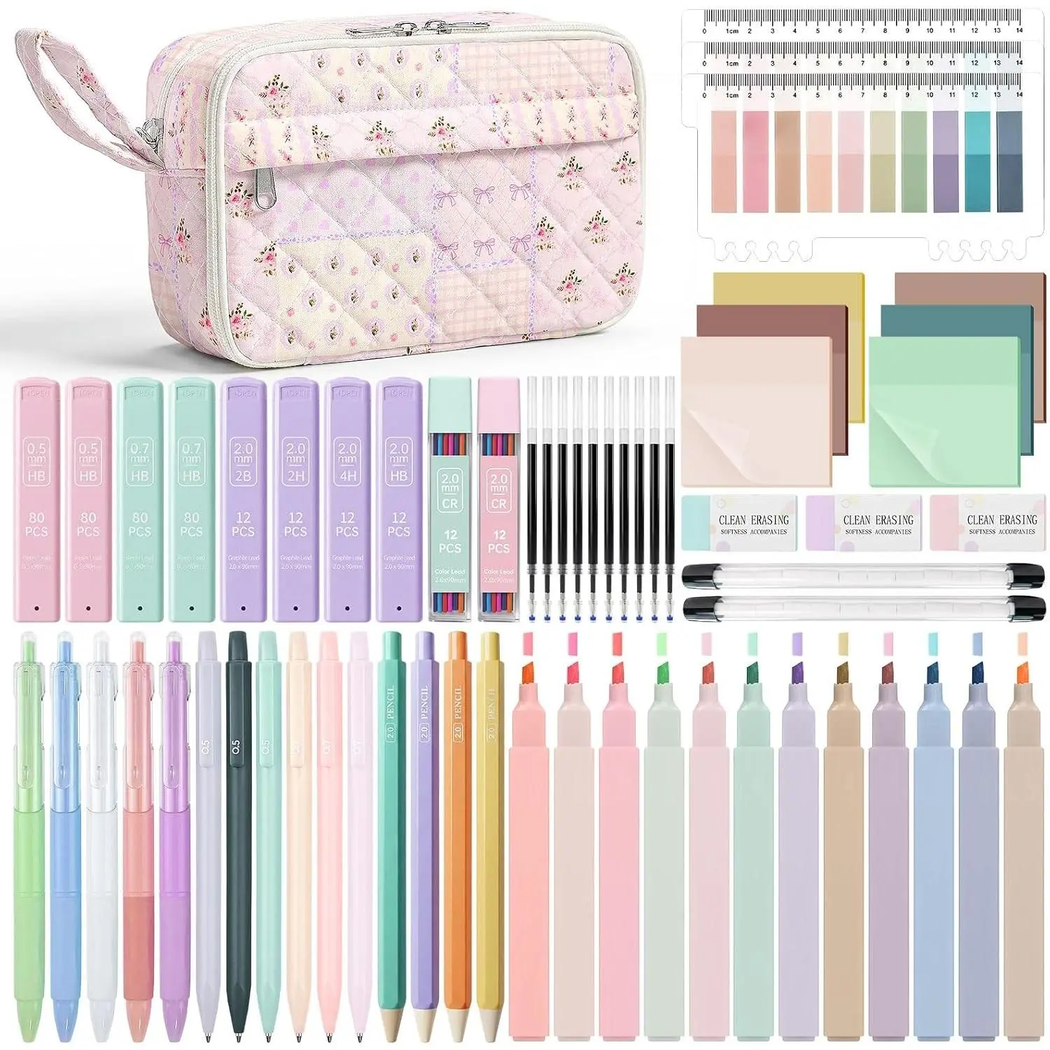 62PCS Aesthetic School Supplies with Quilted Pencil Case, Pastel Highlighters, Gel Pens Mechanical Pencils Set, Cute Back to School Supplies, College Essentials (Purple Patchwork, M)