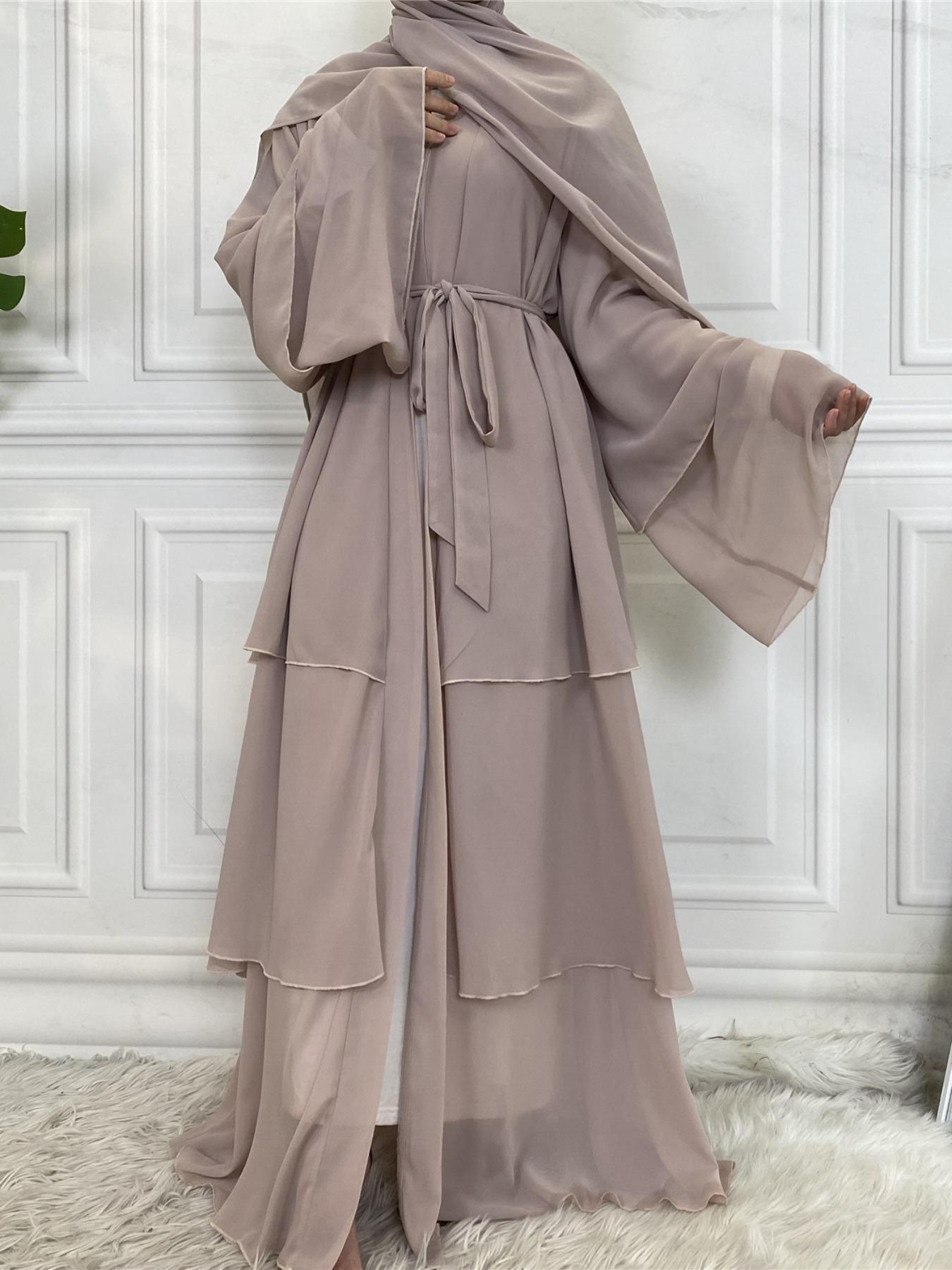 Spring Summer High-Quality Chiffon 3-Layer Eid Abaya with Belt, Casual Party Dress, Comfortable Breathable Fabric, Perfect for Weddings