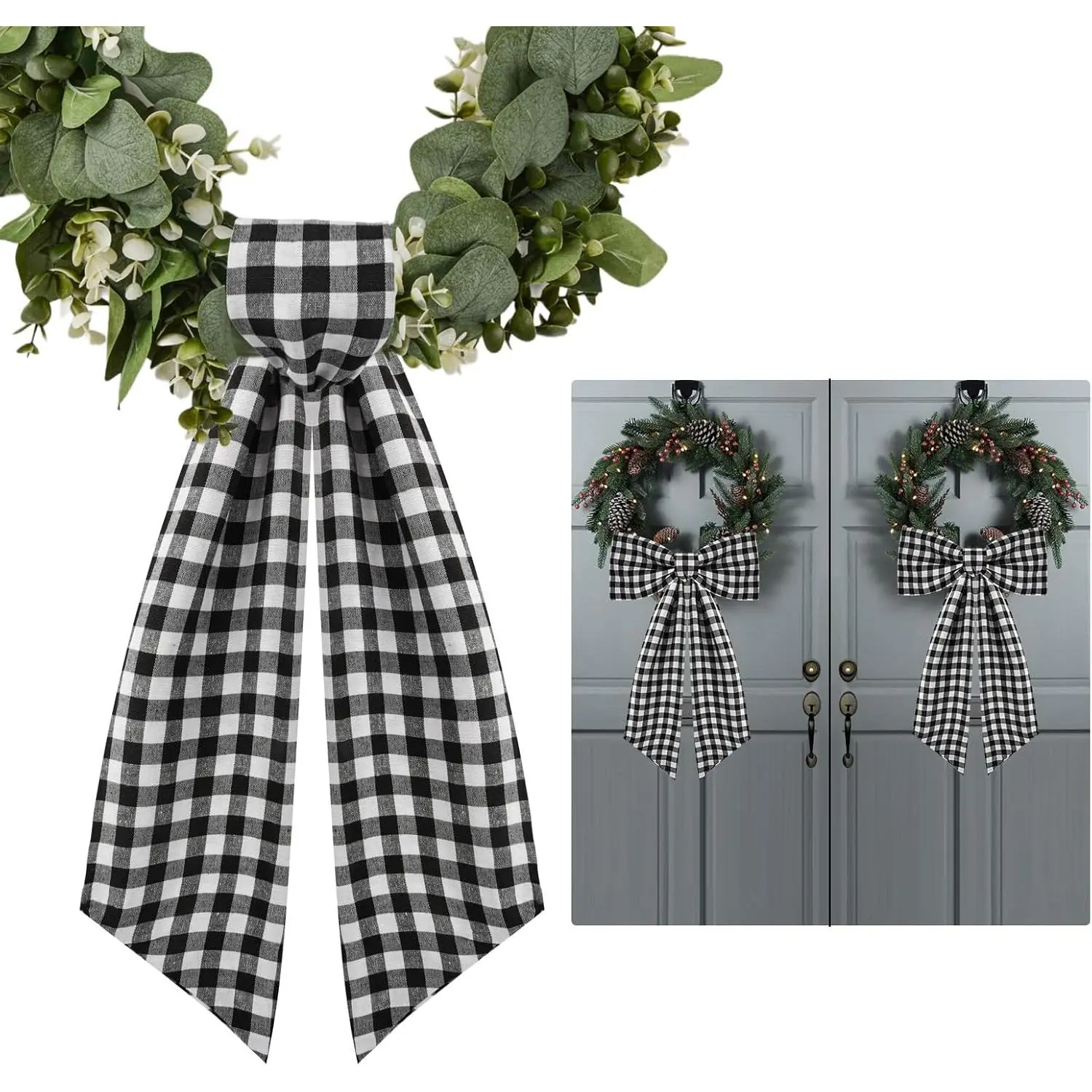 2 Pack Wreath Sash for Front Door Boxwood Wreath Sash Garland Front Door Porch Decor(White and Black )