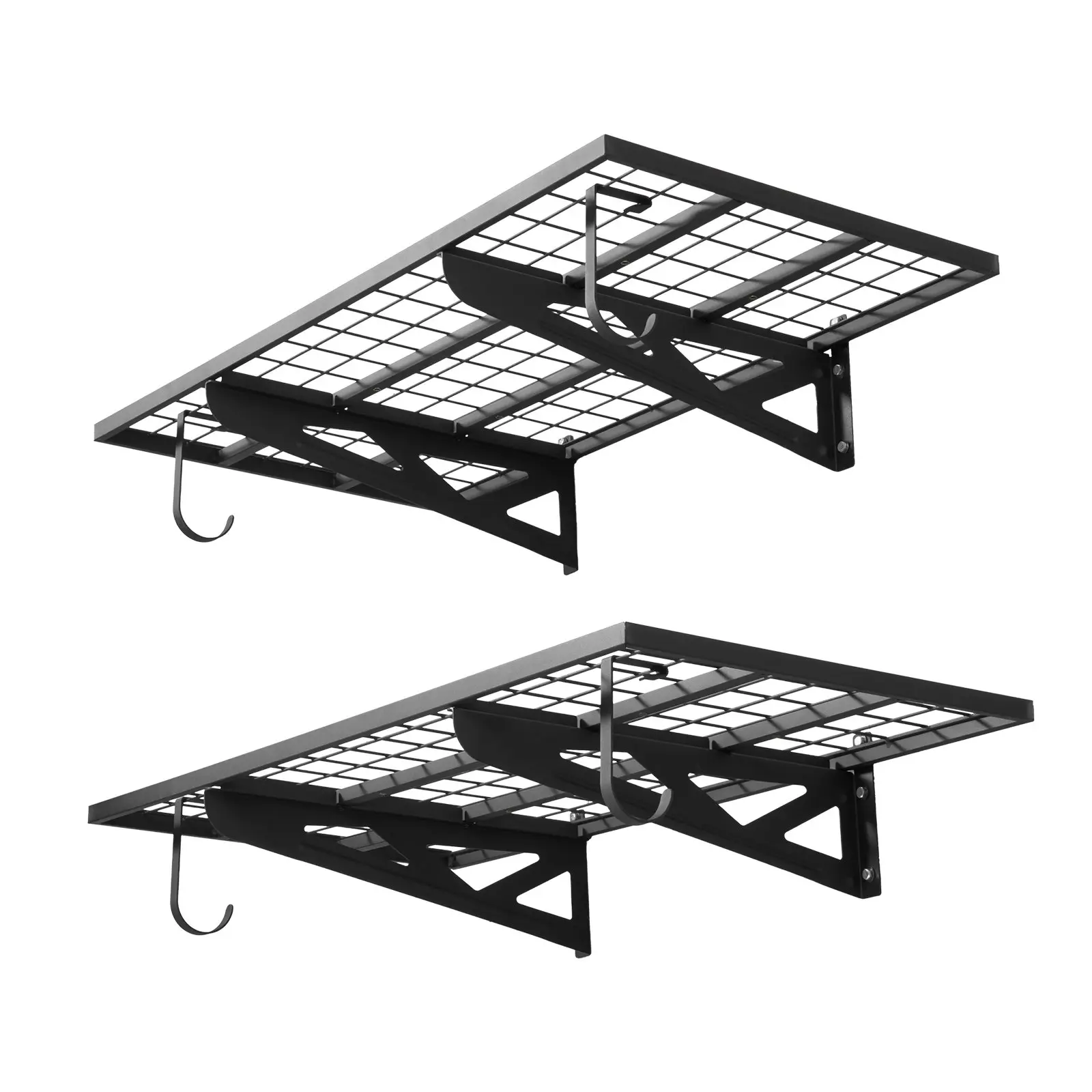 VEVOR Durable 2-Tier Wall-Mount Garage Storage Shelves, 2-Layer 2x4 ft Steel Unit with Hooks, 24x48 in Floating Metal Rack, 500 lbs Total Weight Capacity, Black