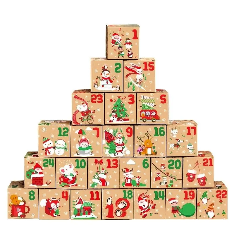 Vintage Christmas Kraft Paper Boxes, 24pcs DIY Advent Calendar Treat Box, Xmas Countdown Gift Box, Party Favor Supplies