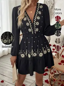 Women's Embroidered Deep V Neck Long Sleeve Dress, Full Floral Craftsmanship, Perfect Choice for Spring Summer Fall