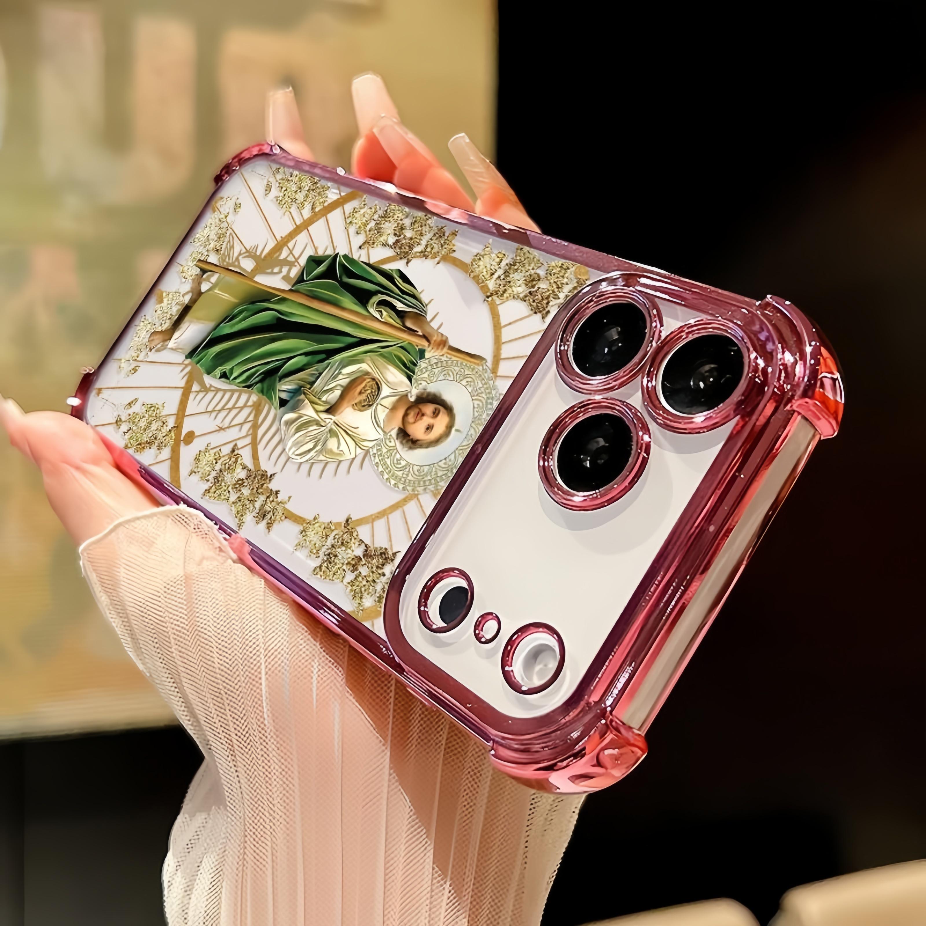 Luxury Saint Jude Thaddeus Transparent Electroplated Corner Shockproof Phone Case For iPhone 17 Pro Max 16 Air 15 Plus 14 13 12 11 E Heavy Duty Cushion Bumper Protective Cover Religious Gift For Men Women, Ideal Holiday Present