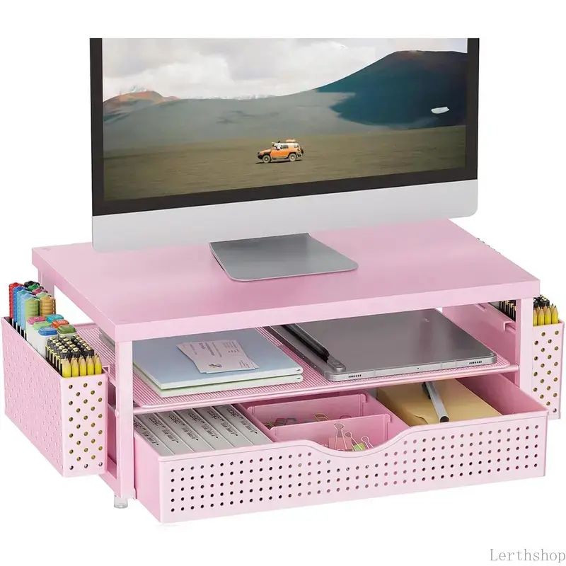 2-Tier Pink Wood Finish Monitor Stand Riser - Desk Organizer with Drawer, Shelf, 2 Pen Holders, Office & Desk Accessories for Modern Home Office Supplies, Office Accessories