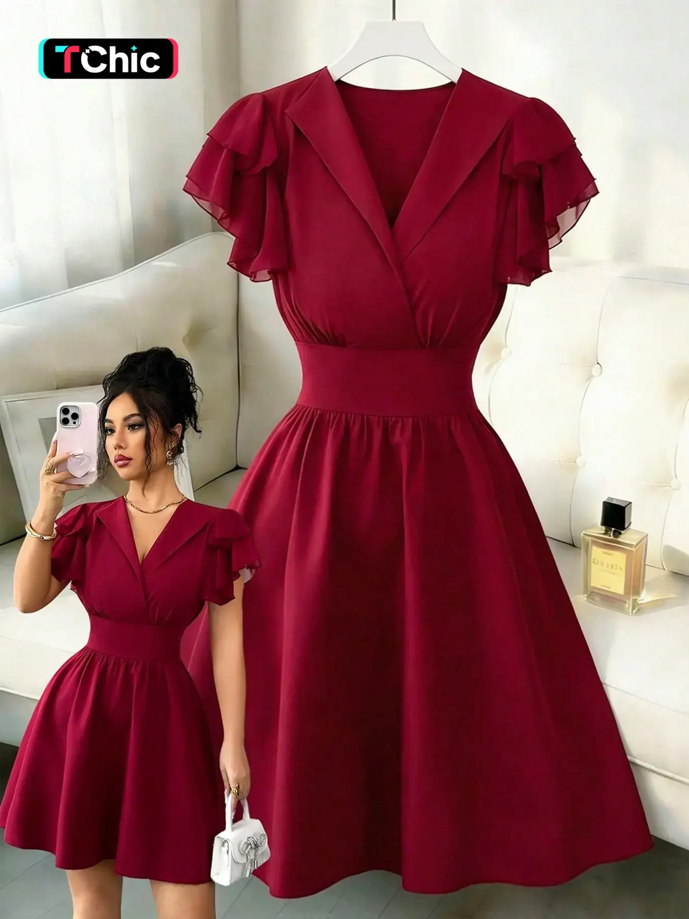 New Women's Knit Solid Color Waist Drawstring Chiffon Patchwork Ruffle Sleeve Design Vacation Casual Daily Versatile Elegant Chic Short Dress
