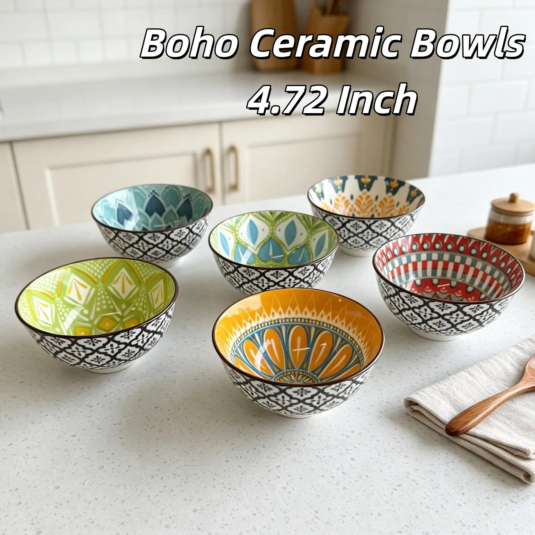 6-Pack Bohemian Ceramic Bowls, 4.72 Inches, Microwave & Dishwasher Safe, Multifunctional Rice, Yogurt, Side Dish Bowls, Ideal for Family Breakfast & Dinner
