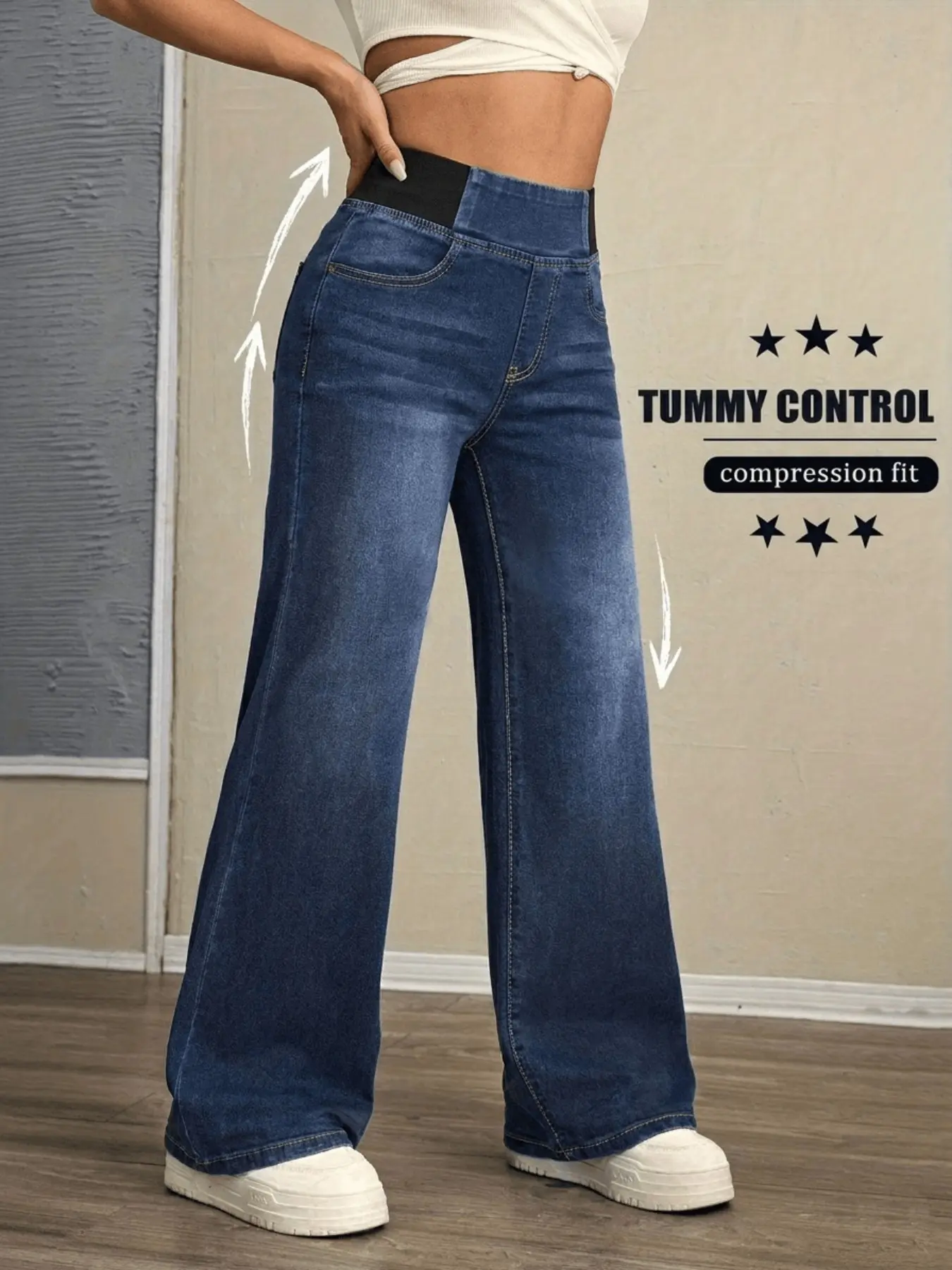 Women's High Elastic Wide Leg Jeans, Stretchy High Waist Pull-On Denim Jeans, Casual Daily Wear Loose Long Trousers, Four Seasons