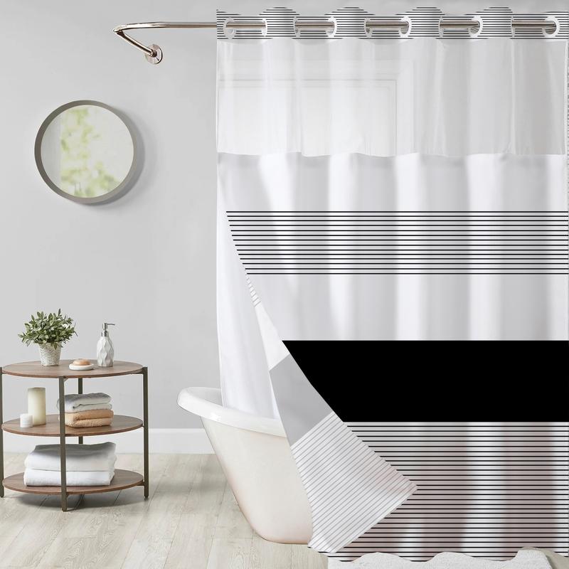 Striped geometric double-layer shower curtain, mesh top window, hook-free design, easy installation, farmhouse, hotel, modern home decoration, 72x75in