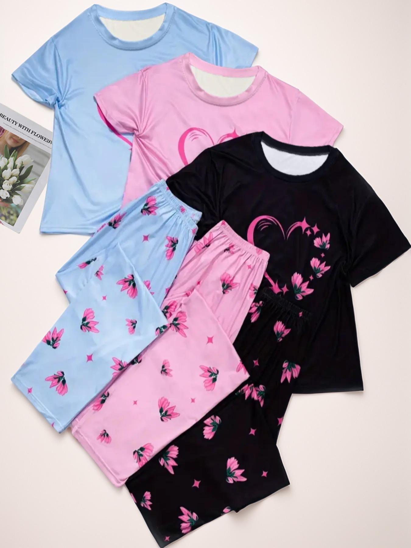 6 Counts Women's Heart & Butterfly Print Pyjama Set, Short Sleeve Tee & Elastic Waist Pants Loungewear Set, Women Cute Nightwear, PJ Sets for Women, Summer Outfits 2024, Pajama Set