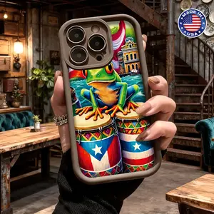 Funny Frog Playing Drum Puerto Rico Flag Artistic Pattern Smartphone Casing, Slim Shockproof Anti-Drop Protective Lightweight Durable TPU Cover for iPhone 17,16,15,14 Pro Max,13,12,11,XR,XS Plus,Air - Cellphone Devices Accessories