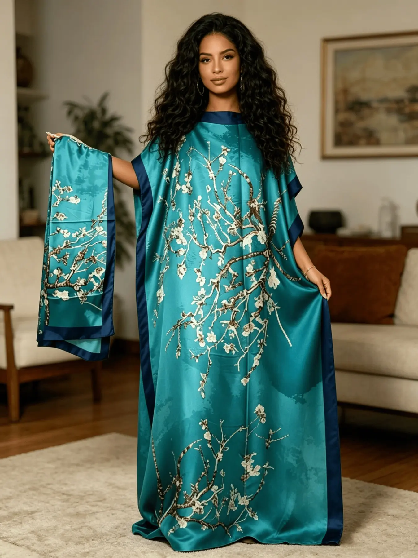 Plus Size Women's Turquoise Branch Floral Print Maxi Casual Batwing Sleeve Kaftan Dress with Matching Headscarf 2 Piece Set, Loose Batwing Beach Cover Up, Loungewear Nightgown Pajama for Resort Pool Home Sleepwear