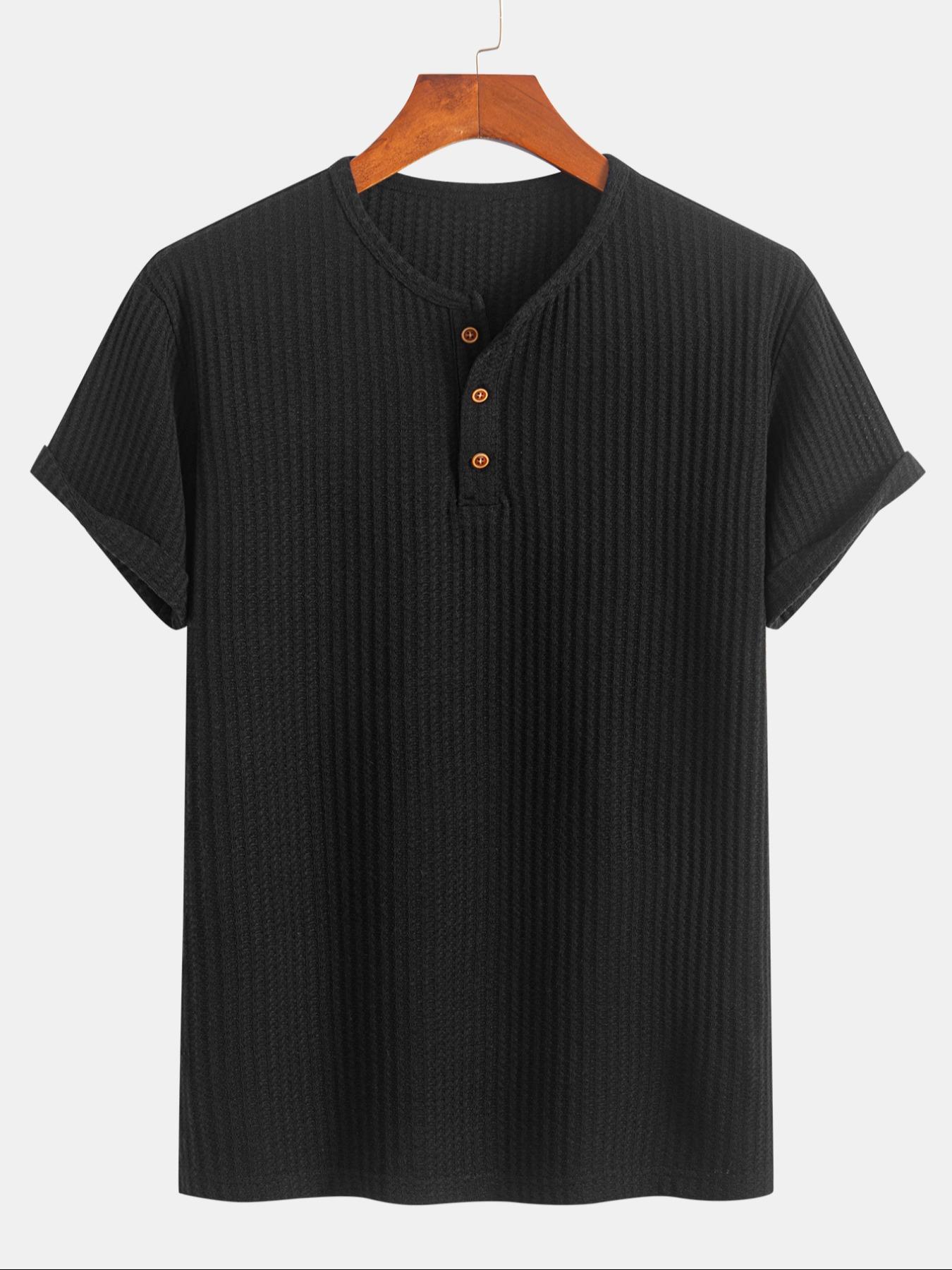 Men's Solid Knit Henley Curved Hem Tee, Regular Fit Casual Short Sleeve T-shirt for Summer, Men's Top for Daily Wear