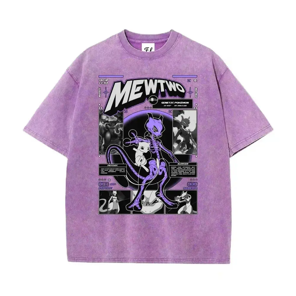 Mewtwo Skeleton Psychic Barik Pocket Monster Vintage Washed Graphic Tee, Unisex 100% Cotton Oversized Round Neck Y2K Summer Casual Streetwear Tops For Men & Women | graphic tees | tiktok shop deals