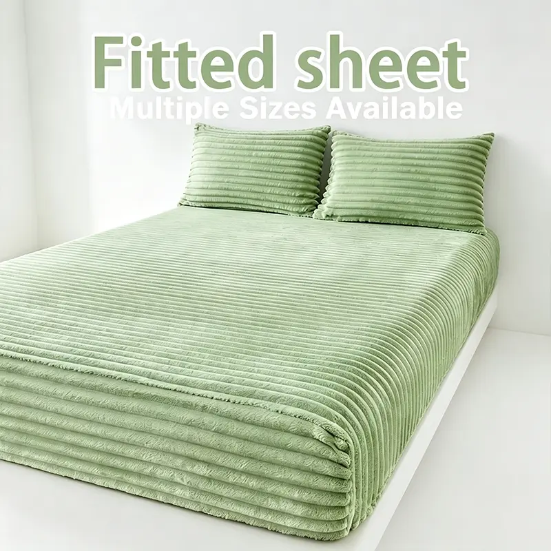 Vertical Channel Plush 3-Piece Fitted Sheet Set, Thick Warm Fluffy Mattress Cover with Matching Pillowcases, Full Surround Elastic Deep Pocket Fits Snug Without Shifting