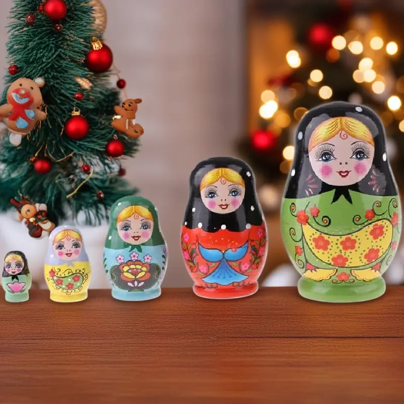 5-Layer Wooden Russian Nesting Dolls, Hand Painted Nested Set Stacking Doll Toys for Shelves Party