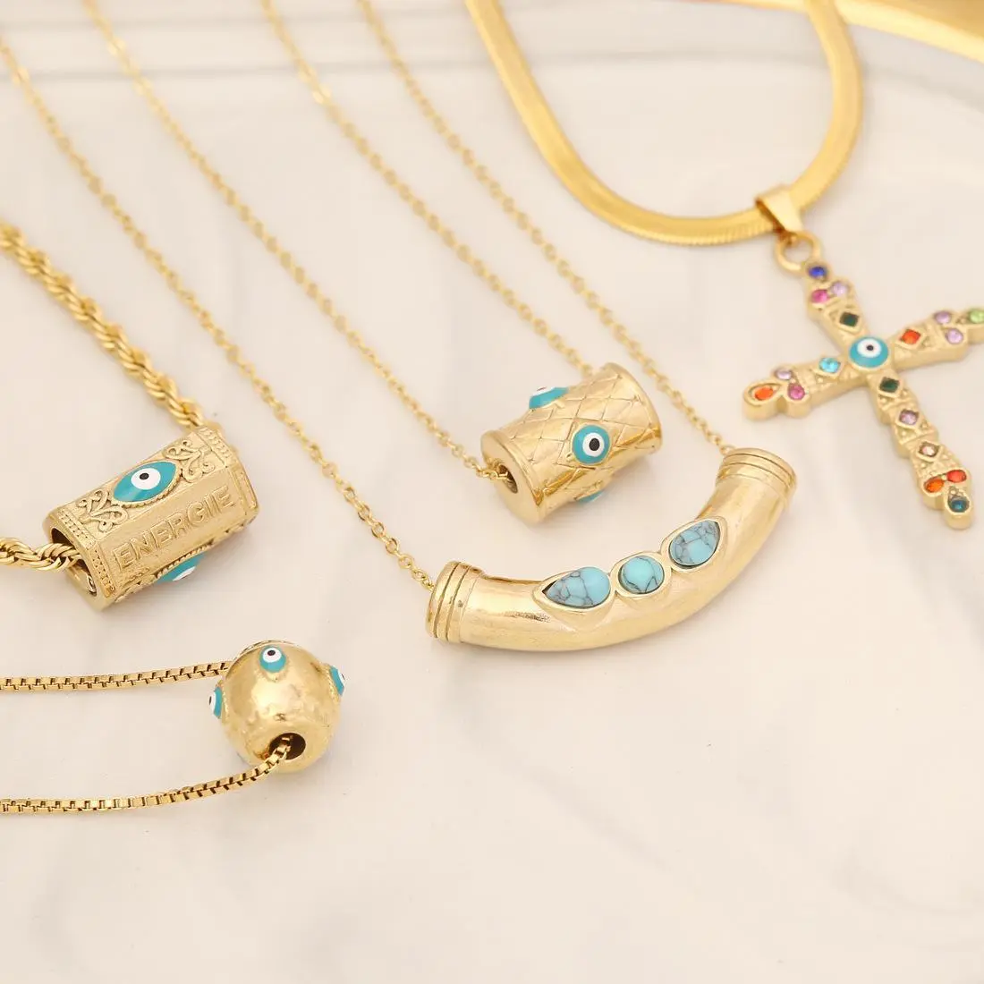 vibecharm Enamel Evil-Eye Extra Long Chain Cylinder Necklace - Turquoise Aesthetic Tube Pendant, Waterproof Gold-Tone Cross Amulet, Spiritual Manifestation Adult Costume Jewelry, Extra Long Necklaces, Evil-Eye Charm Necklaces