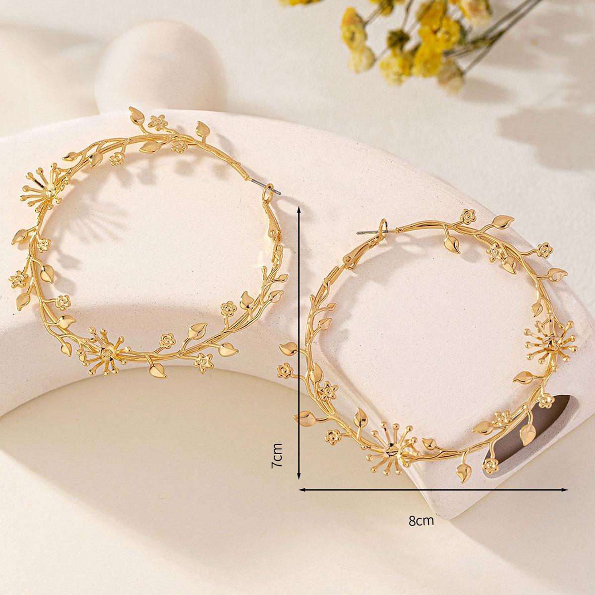 Western Style Statement Earrings | Oversized Gold Hoops with Floral & Leaf Motifs, Sweet Edgy Bold Fashion Jewelry
