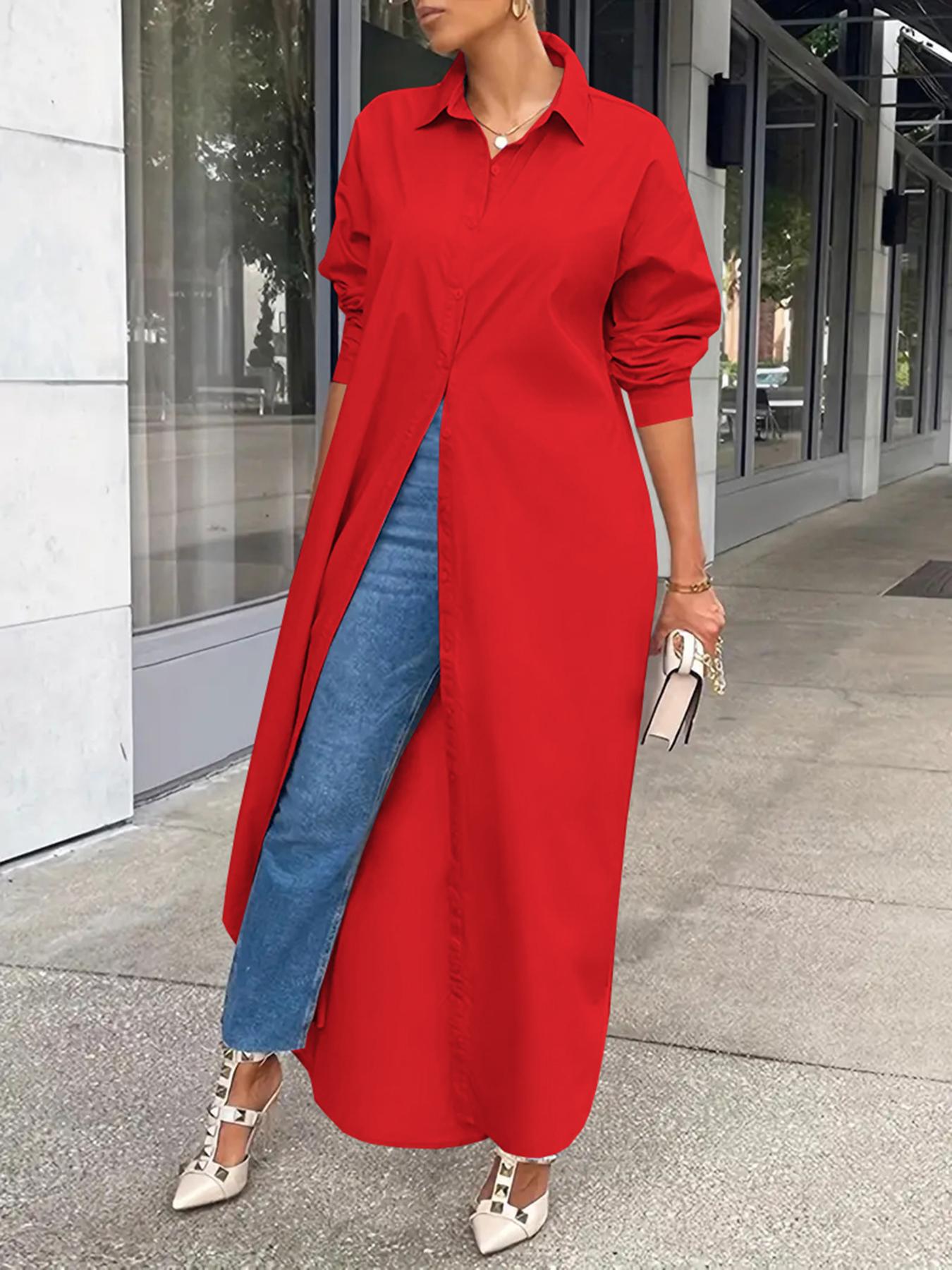 Women's Solid Collared Button Front Long Blouse, Casual Long Sleeve Button Up Shirt, Fashion Women's Spring & Fall Top For Daily Wear