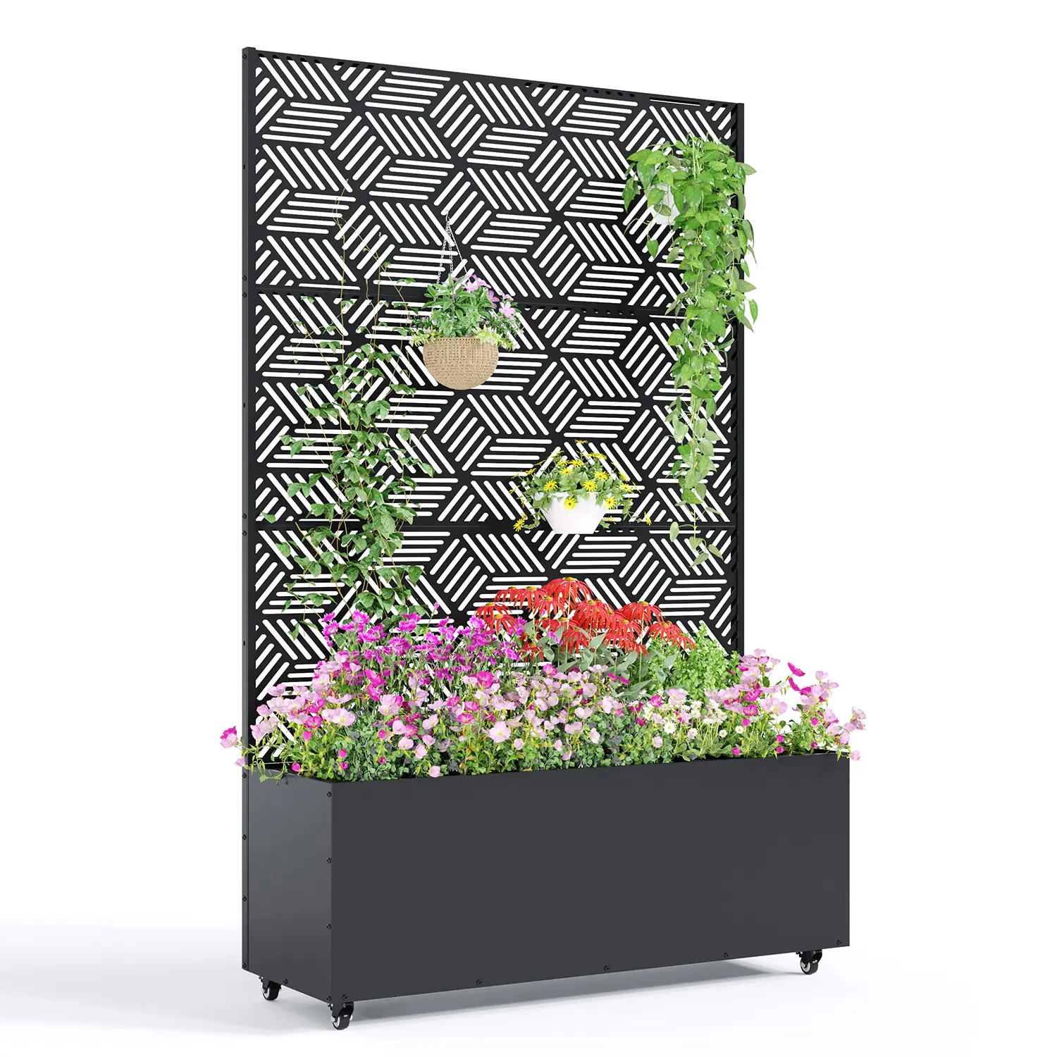 Modern Black Metal Raised Garden Bed Planter Box with Trellis – Deep 15.7" for Climbing Plants, Vegetables, Vines, Privacy Screen, Drainage Holes – 118x40x180cm, Birch Leaf Design