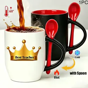 Best Teacher - Magic Color Changing Mug, With Red Spoon, Add Hot Water Color Change, Crown Print Design, Unique Teacher Appreciation Gift for Teachers