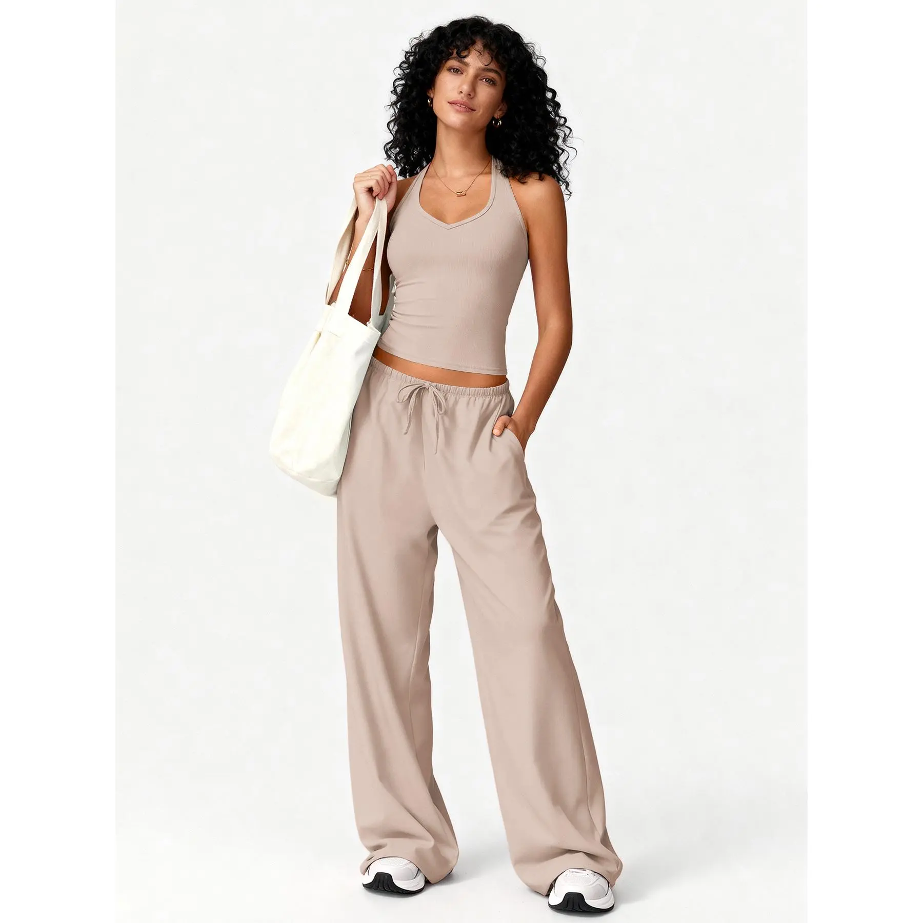 Women's 2 Piece Workout Sets, Silky Cooling Athletic Loungewear with Adjustable Halter Crop Top and Wide Leg Pants, Two Piece Set