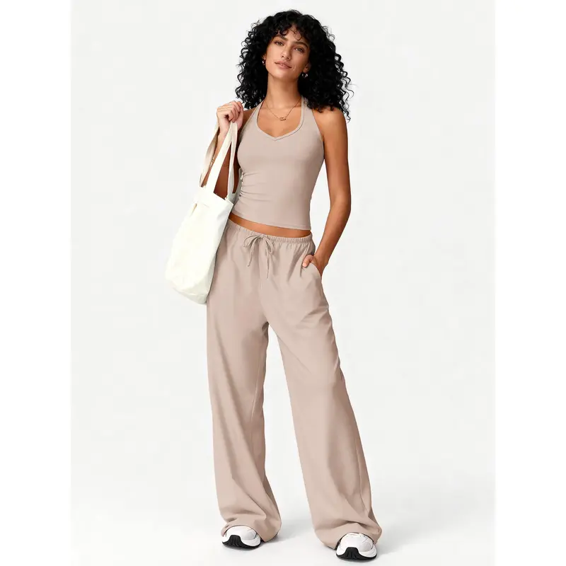 Women's 2-Piece Yoga Lounge Suit - Silky Cooling Adjustable V-Neck Halter Crop Top & Wide Leg Pants, Outdoor Stretchy Soft Breathable Activewear Running Outfits Workout Yoga Sets for Fitness