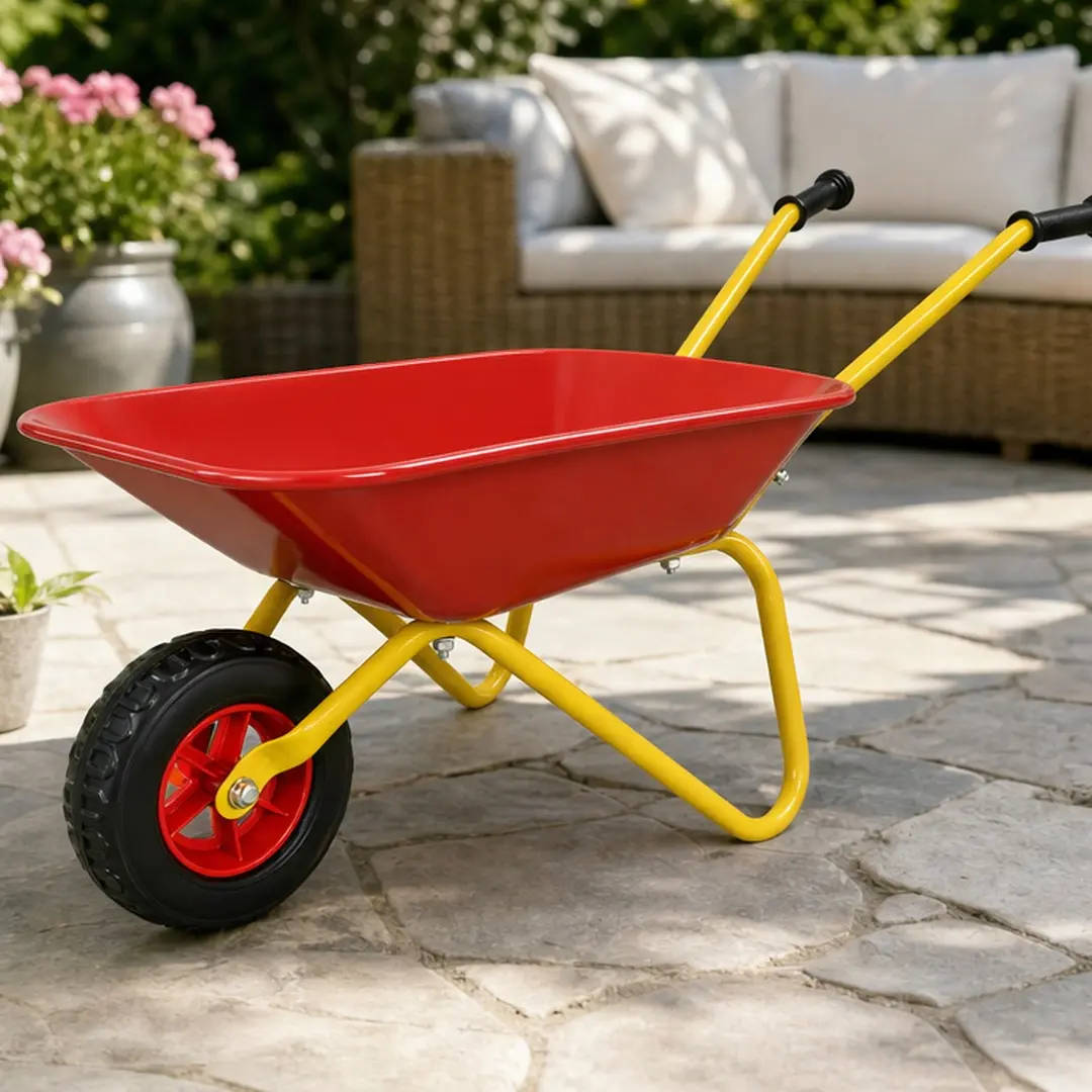 ARCH Children's Metal Wheelbarrow, 33LBS Load Capacity, Steel Tray, Red, Kids Garden Cart for Hauling Soil, Sand, Leaves, Indoor Outdoor Play, Heavy Duty Toy Wheelbarrow for Toddlers, Develops Motor Skills, Imaginative Play, Yard Work Helper