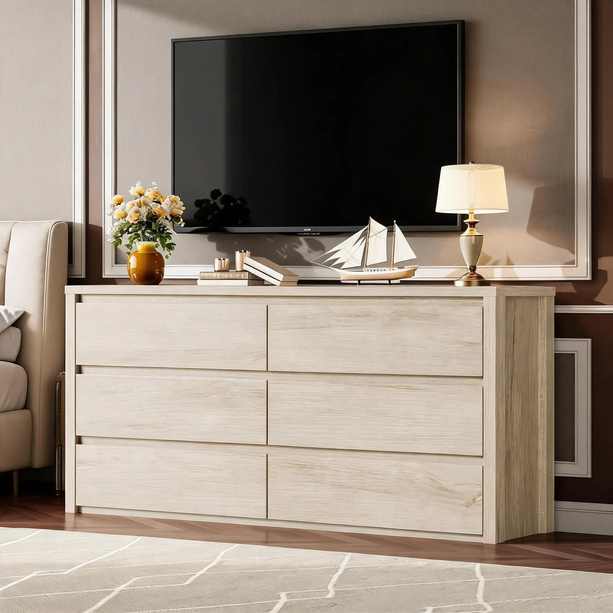 Garvee Modern Handle-Free 6 Drawer Dresser, Wide Wood Chest of Drawers - Large Storage Cabinet for Bedroom - for Living Room, Hallway & Entryway