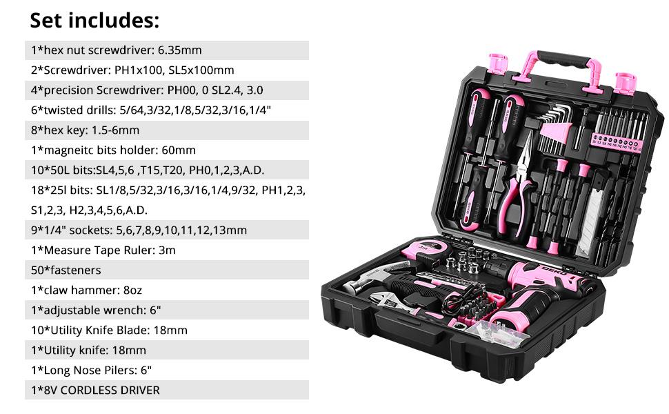 Drill Set, Home Tool Set with 8V Pink Cordless Drill, Hand Tool Kit for Women, 126 pcs