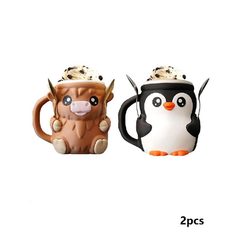 Highland beef ice cream pint holder, cute ice cream pint, 3D printed reusable popsicle container, dessert cup with antifreeze handle - the ideal gift for Highland beef lovers (brown).Cute penguin cup, comes with a spoon, Christmas gift, family use