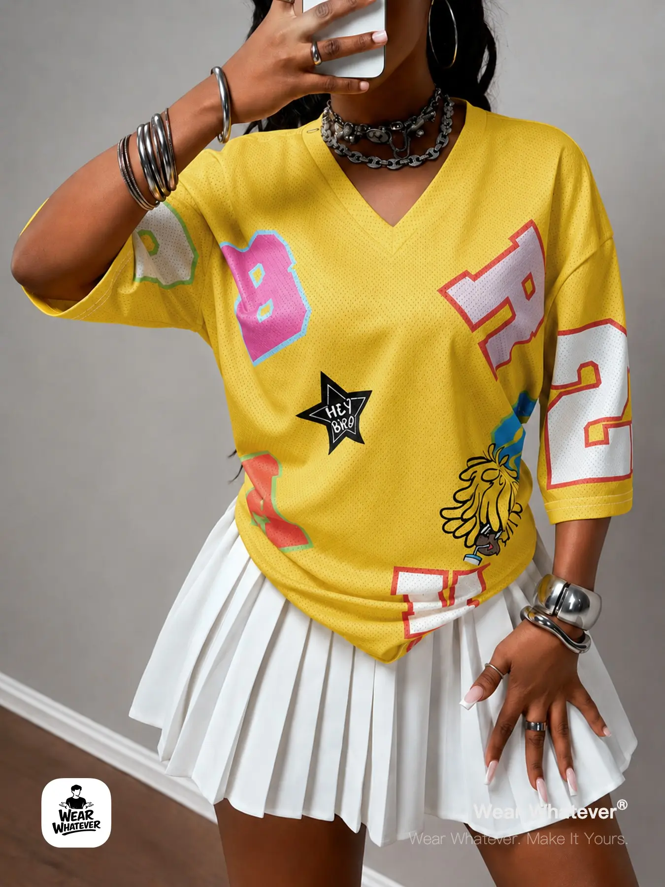 Wear Whatever Women’s Yellow Graphic Mesh Jersey Top, V Neck Oversized Number Letter Print Sporty Streetwear Tee for Summer Casual, Festival, Vacation, Going Out and Y2K Outfits, Casual Streetwear Essentials
