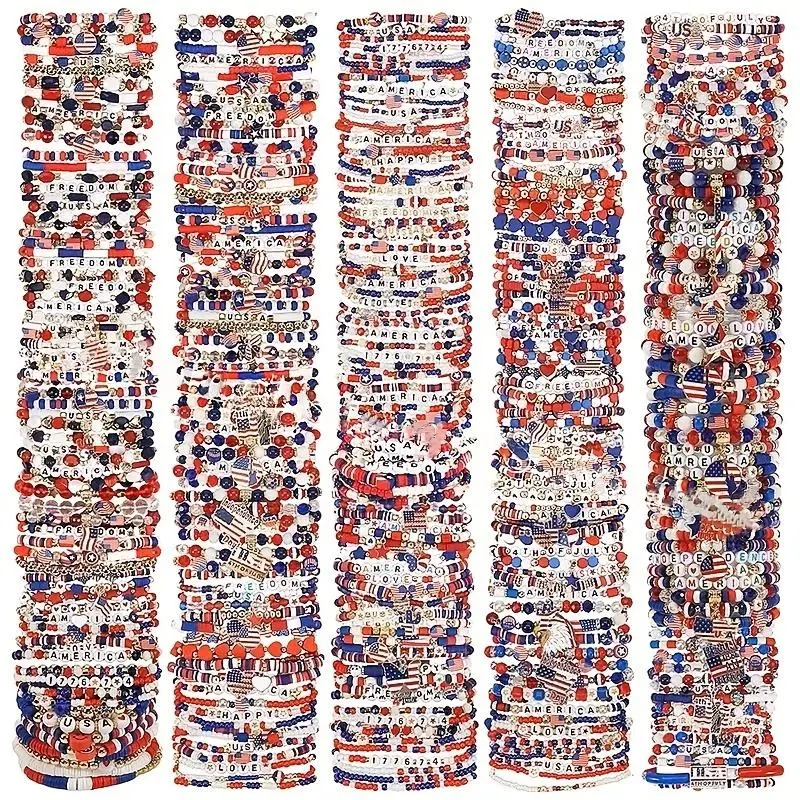 35/44/55/66pcs Fashion Red Blue White Independence Day Polymer Clay Elastic Bracelet Set | With Flag Star Love Pendant, Perfect For Women Men Daily Wear, Holiday Parties Gift-Giving