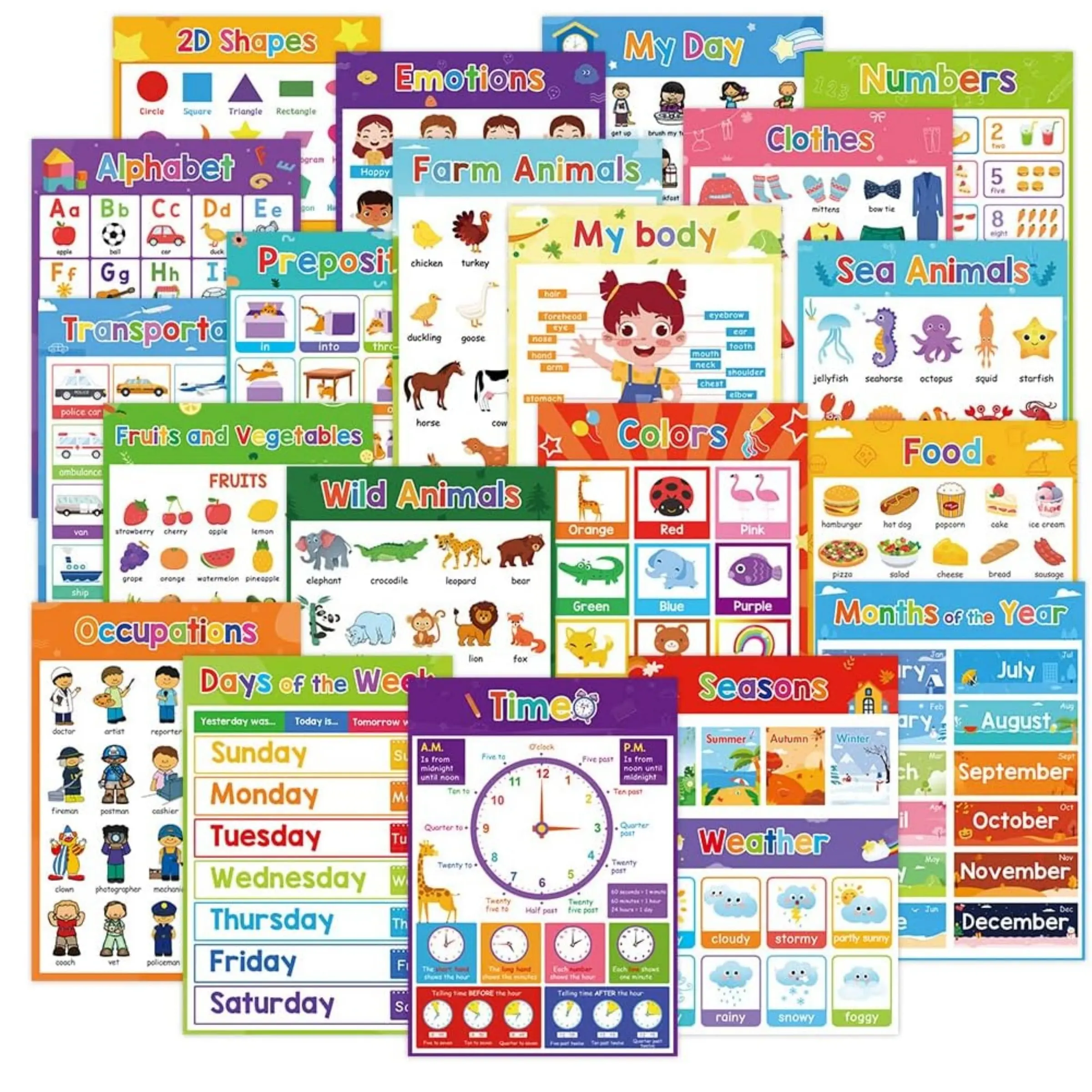 English Word Study Picture Poster, 20 Sheets/set Animals Fruits Food Bodies Themes Teaching Aids, Classroom Decorations, School Supplies