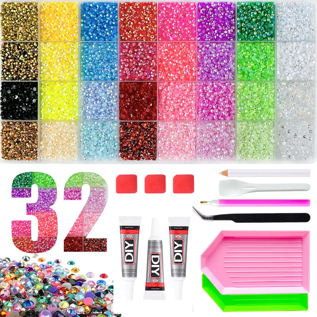 【Summervibes】DIY Diamond Bedazzling Kit，Summer Sparkling Rhinestone Set, 32 Rainbow Colors, Includes Tweezers and Pliers, Easy to Use, DIY Craft Kit, Women's Christmas Birthday Gift